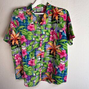 Vintage Teddi Womens Hawaiian Colorful Floral Print Button-Up Shirt Top Medium